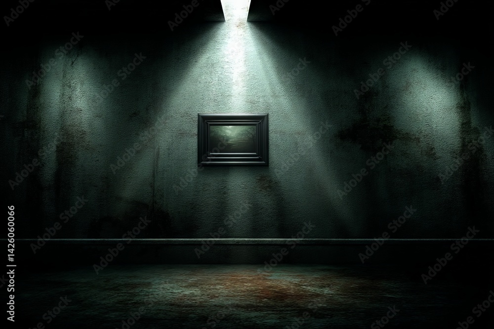 Poster dark gallery with a single framed artwork illuminated by a spotlight in an abandoned space during ni
