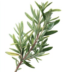 Fototapeta premium Vibrant Rosemary Sprig Watercolor Painting, Detailed and Lush Green Foliage Against a White Background