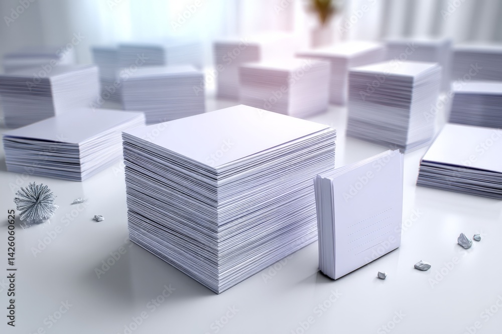 Poster Stacks of blank paper arranged neatly on a table in a bright workspace during the daytime