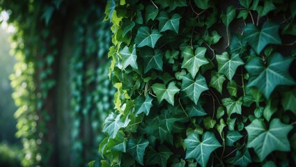 Panorama of wall texture with lush green ivy leaves as a natural vertical garden