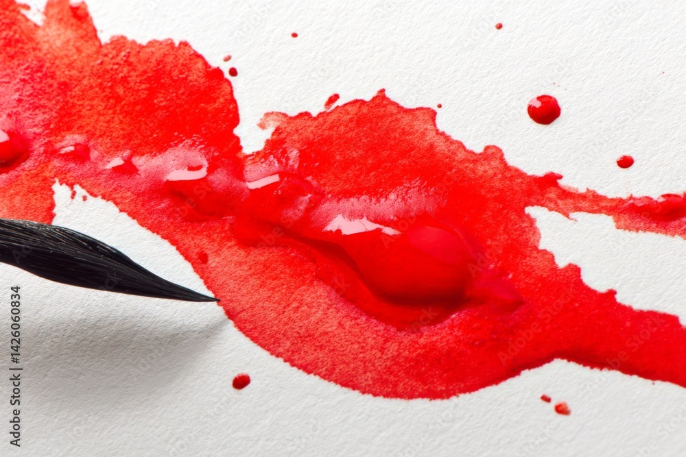 Poster vibrant red paint flowing across watercolor paper during an art session in a bright studio filled wi