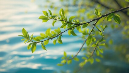 Fresh green leaves budding on branches with a blurred water background, emphasizing new growth and springtime in nature photography for seasonal banners.