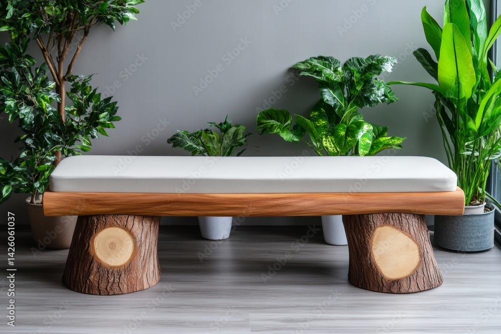 Aufkleber A simple wooden bench with round log legs and white cushions, placed in front of the wall. The background is a light-colored solid surface with some plants on it, creating an atmosphere of tranquility