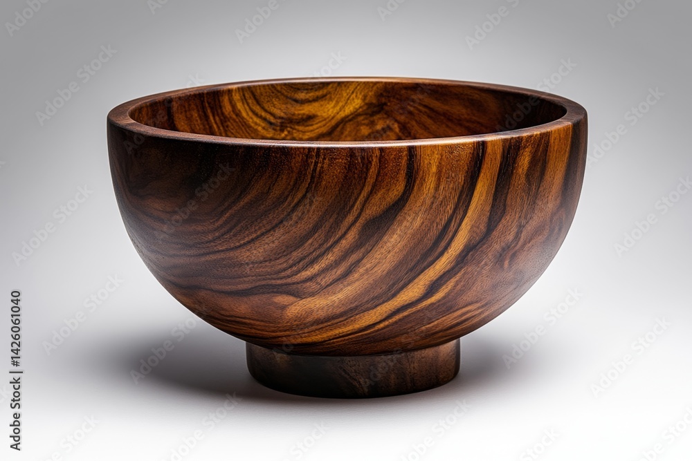 Poster A simple and elegant wooden bowl, showcasing the natural grain patterns of the wood with soft lighting to highlight its texture and warmth on an isolated white background. The focus is sharp