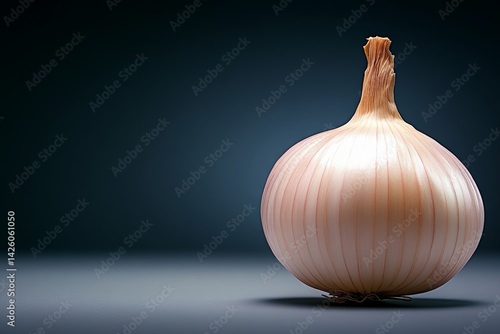 Poster A single white onion, whole and unpeeled, isolated on a blank background with no shadows or text. The texture of the skin is detailed and realistic, showcasing its natural shape and soft edges.