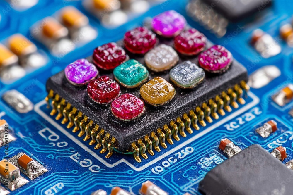 Aufkleber colorful microchips arranged on a blue circuit board showcasing advanced technology components and i