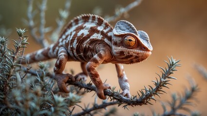 Mediterranean chameleon basking on thyme shrub with brown camouflage amidst garigue vegetation