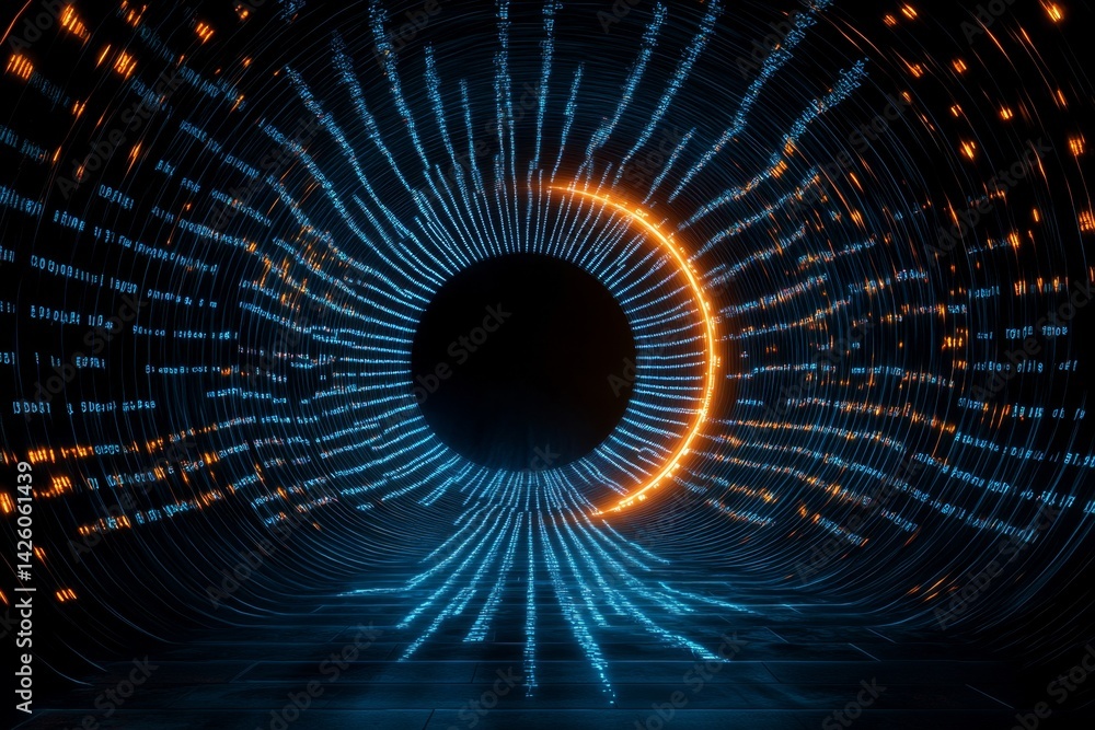 Poster A symmetrical pattern of glowing lights forms an intricate tunnel, with orange and blue hues creating depth in the scene. The composition includes a central circle of bright LED light patterns