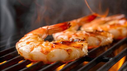 Grilled shrimp sizzling on fiery grill, showcasing delicious and smoky flavor. Perfect for seafood lovers and outdoor cooking enthusiasts