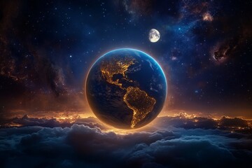 Obraz premium A view of Earth from space, the planet is lit up by city lights and stars in a dark sky. There are clouds on one side of it, and some landmass is visible at night. The moon shines brightly above