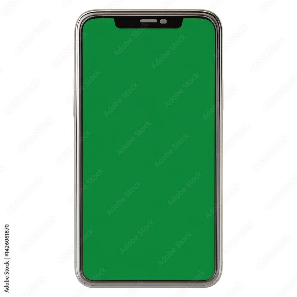 Poster smartphone with blank screen on green background for design use, isolated on transparent background.