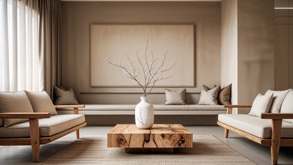 a modern, minimalist living room with a warm, neutral color palette. The layout features a light beige sofa with wooden armrests, positioned on a textured area rug.