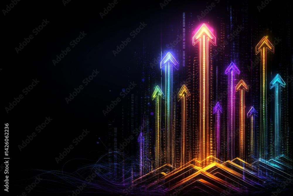 Poster abstract background with glowing arrows growing upwards, an upward arrow graph on a dark blue and co