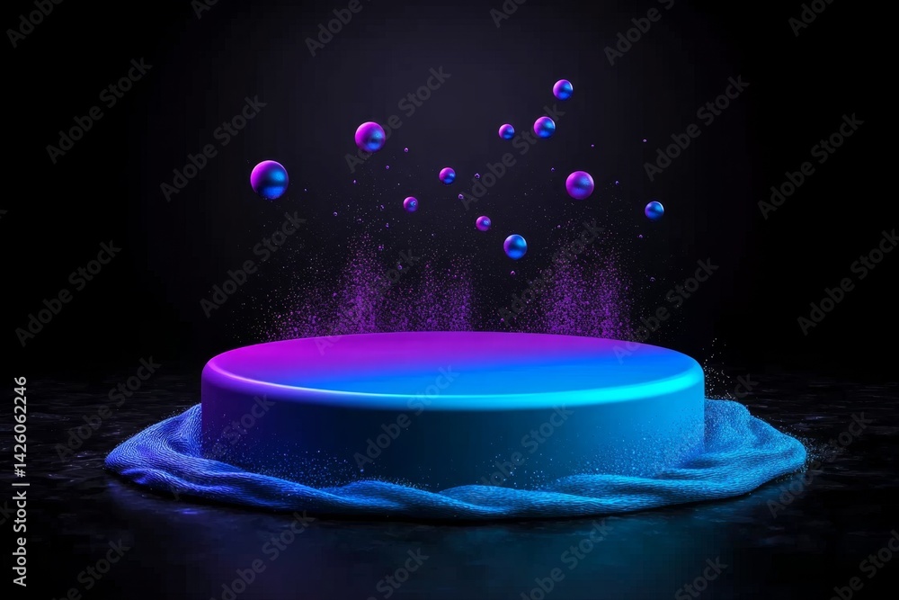 Poster Abstract background with a podium for product presentation, 3D rendering. The background is in pastel colors with geometric shapes and round elements
