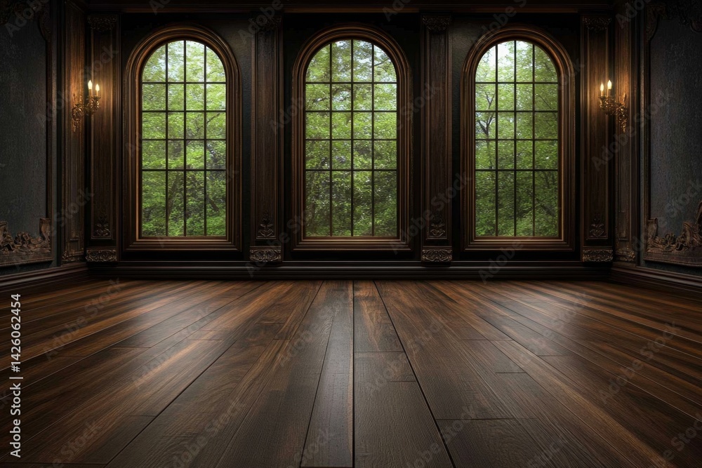 Poster An empty room with three large windows on the wall, casting beautiful light patterns onto an elegant wooden floor. The walls feature dark wood paneling and intricate trim work, creating a sense