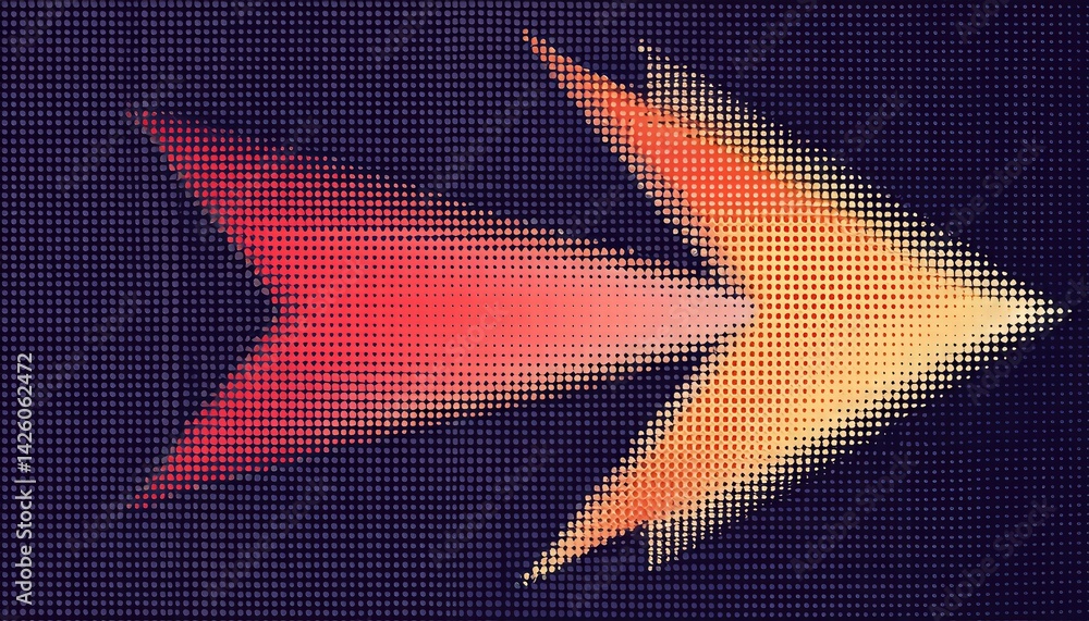 Poster striking halftone arrow pointing towards an abstract element, vibrant colors contrasting with graysc