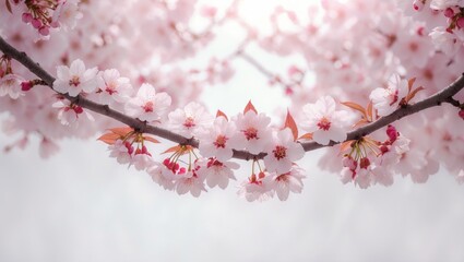 Obraz premium Panoramic view of fully bloomed cherry blossoms on white background