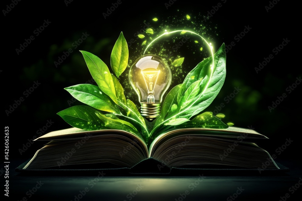 Poster an open book with an illuminated light bulb and tree leaves floating above it, symbolizing knowledge