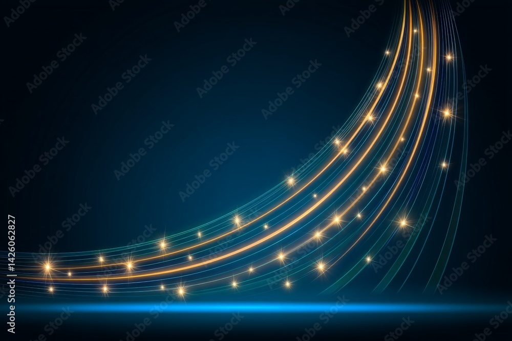Poster Swirling lines and glowing stars create a dazzling abstract design in deep blue background