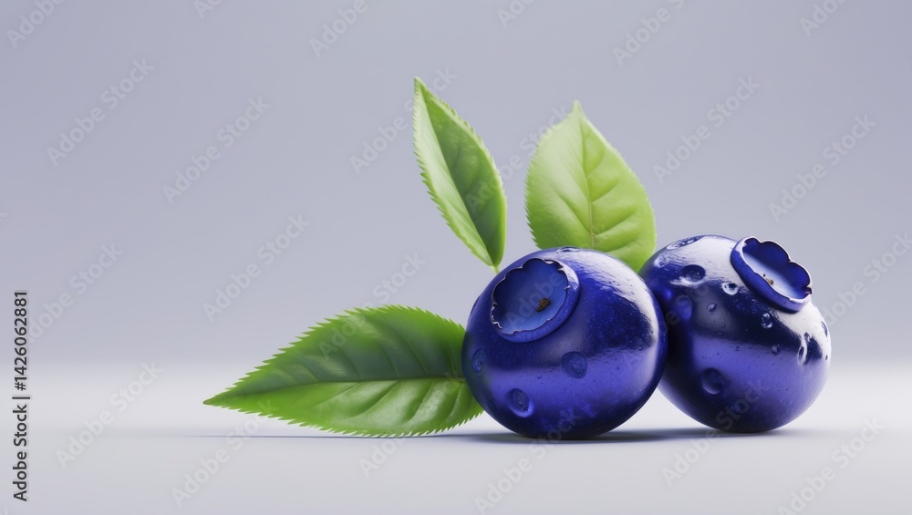 Poster blueberries with leaf isolated on a plain white background