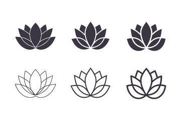 Lotus Flower Silhouette and Outline Collection. Minimalistic Black and White Floral Icons with Elegant Petal Designs, Perfect for Logos, Clipart, and Decor Vector Clipart Template.