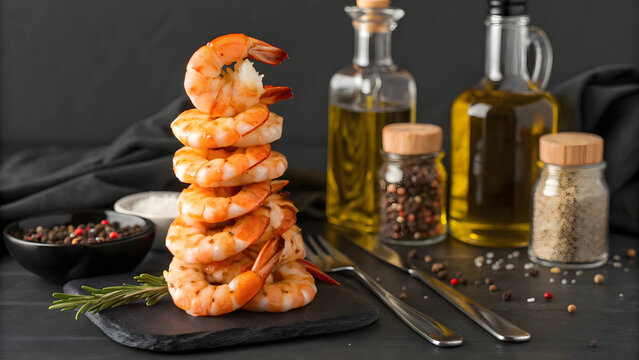 Elegant shrimp stacked beautifully on slate plate, surrounded by olive oil, spices, and herbs, creating delightful culinary presentation