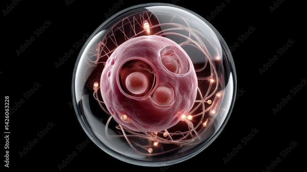 Poster ivf and technology concept, 3d representation of a cell with intricate details and surrounding energ