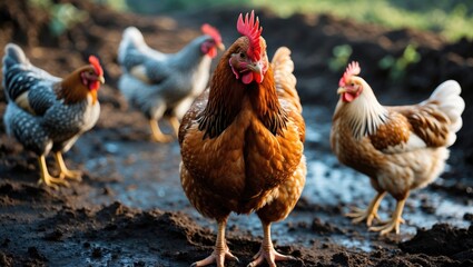 Naklejka premium A brown hen gazes directly at the camera on damp, irregular terrain with other chickens dispersed in the outdoor farmyard background.