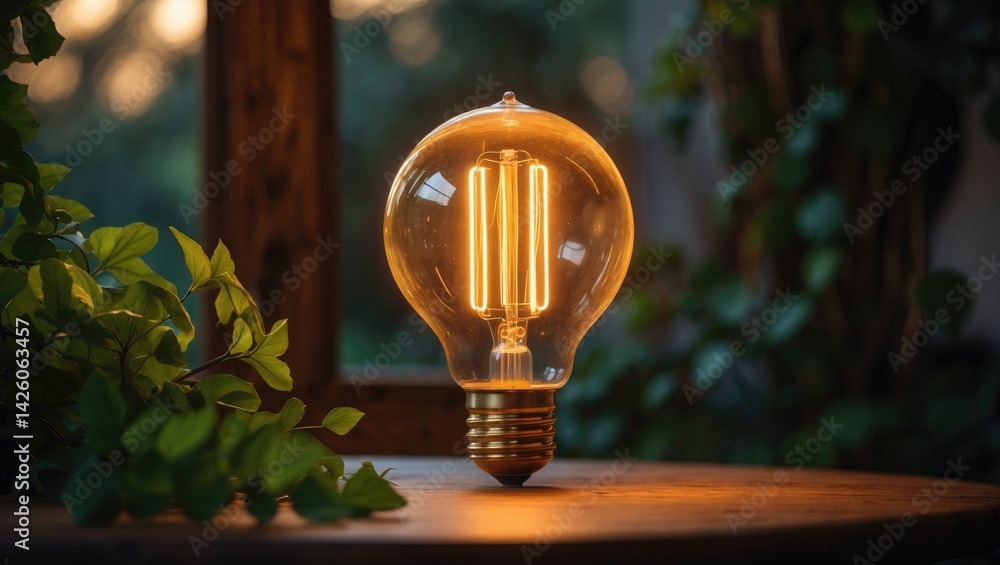 Aufkleber Overhead perspective of illuminated bulb on table with background, featuring innovative and unique design, vintage style lighting decor with selective focus