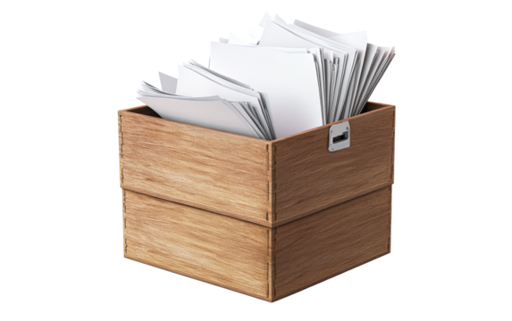 Wooden box filled with papers on transparent or white background