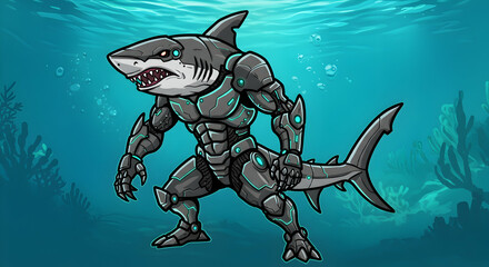 Obraz premium Robotic Shark Underwater Futuristic Marine Life Ocean Explorer Aquatic Predator Cyborg Fish Mech Suit Armored Apex