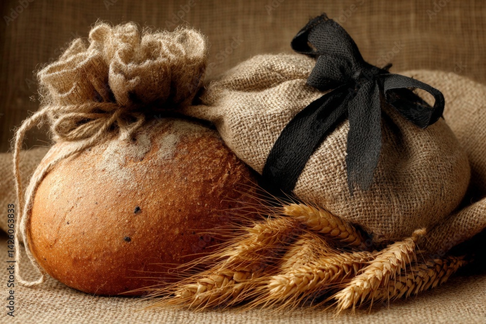 Aufkleber freshly baked bread and burlap sacks with grains on a rustic background showcasing culinary traditio