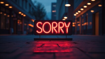 Neon hotel sign indicating no vacancy with sorry message