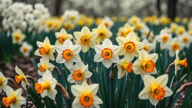 A springtime landscape featuring a variety of blooming daffodils in a field