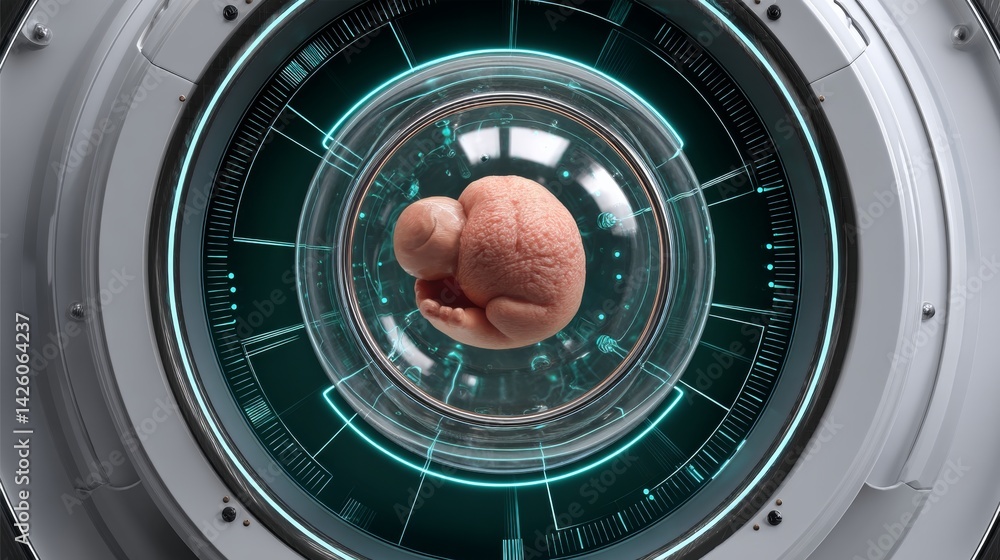 Poster ivf and technology concept, embryo in futuristic pod within a high-tech circular interface.