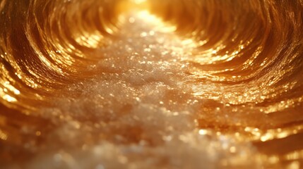 Golden rippling water flowing through abstract tunnel conceptualizing motion and fluidity