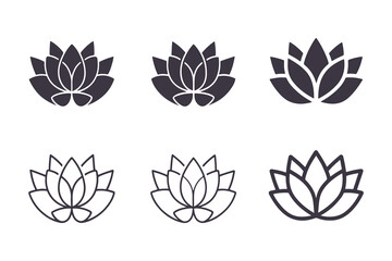 Lotus Flower Silhouette and Outline Collection. Minimalistic Black and White Floral Icons with Elegant Petal Designs, Perfect for Logos, Clipart, and Decor Vector Clipart Template.