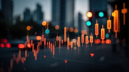 Dynamic candlestick chart with red and orange data points over blurred cityscape background, ideal for financial presentations, trading apps, and fintech dashboards in modern horizontal layout