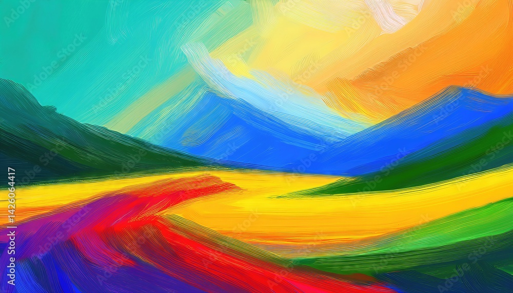 Poster vibrant abstraction panoramic digital art illustration, showcasing a dynamic spectrum of background 