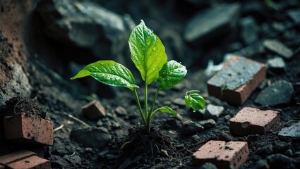 A small plant with vibrant green leaves emerging from the soil amidst rocks and bricks