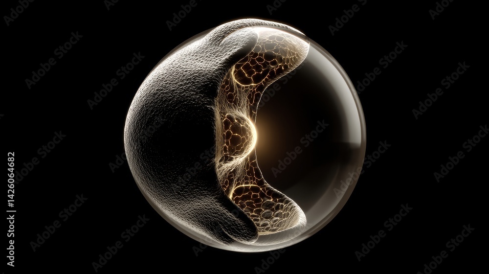 Poster ivf and technology concept, abstract sphere with intricate textures and glowing center against a dar