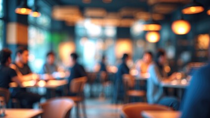 Blurred restaurant interior featuring food, beverages, and decor