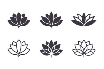 Lotus Flower Silhouette and Outline Collection. Minimalistic Black and White Floral Icons with Elegant Petal Designs, Perfect for Logos, Clipart, and Decor Vector Clipart Template.