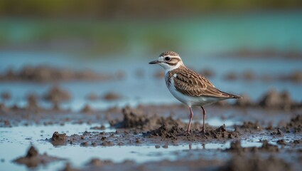 A tiny crested lark perched on muddy ground in nature