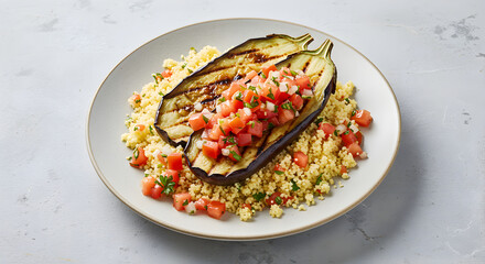 Grilled Eggplant Served With Couscous And Fresh Tomato Salad