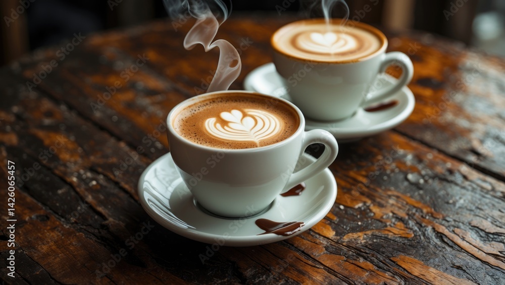 Aufkleber two cups of cappuccino on a wooden table with coffee art and aromatic foam