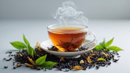 A tea cup with brewed tea on a plain white background