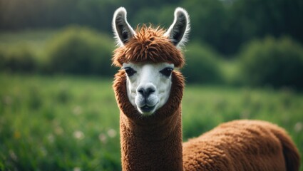 Obraz premium Close-up of a brown huacaya alpaca's face in a sunny farm setting