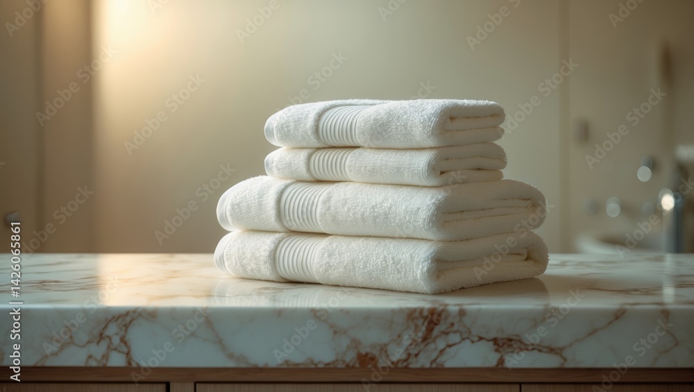 Poster wide-angle shot of towels arranged on marble surface with ample copy space on blurred background for