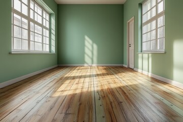 Spacious empty room with natural light and wooden floors in a fresh green color scheme